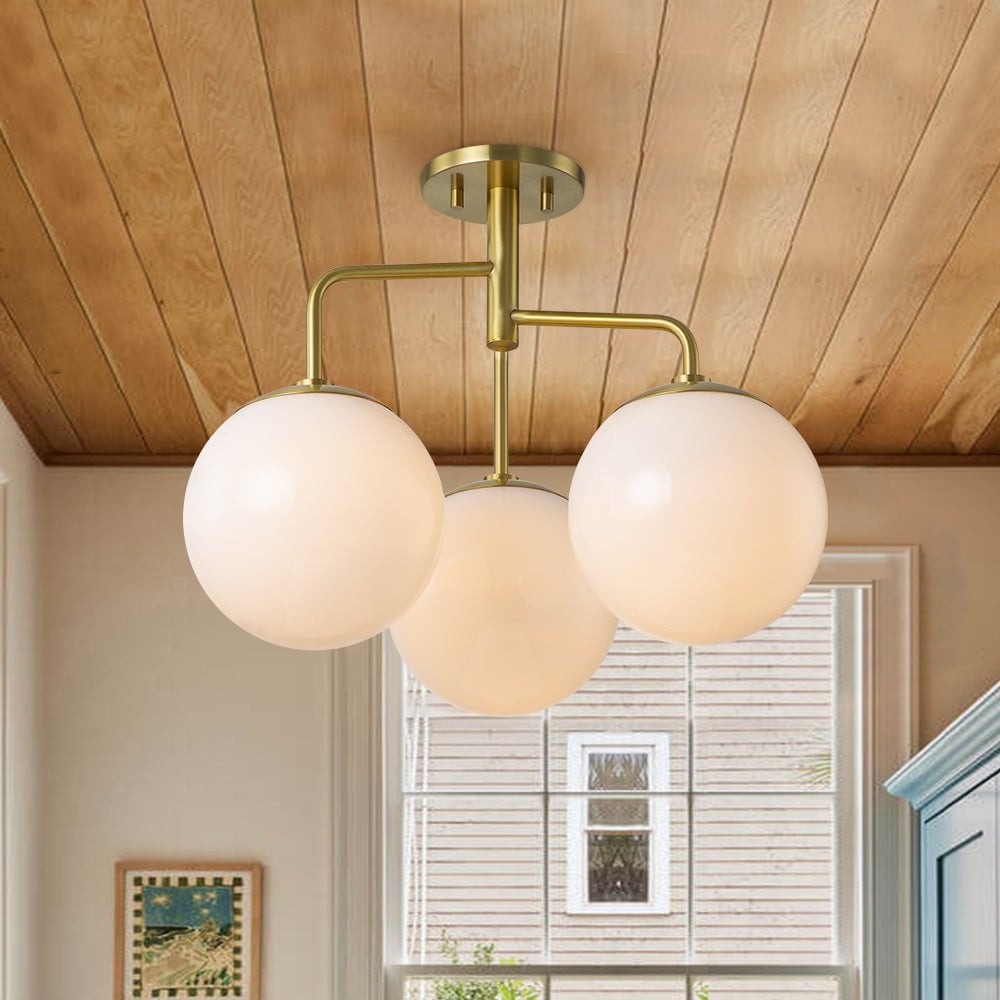 Mid Century 3-Light Milky Glass Globe Semi Flush Mount