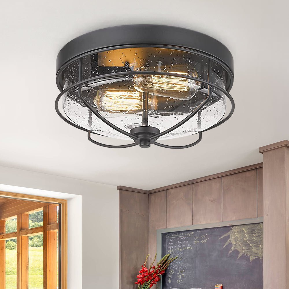 Farmhouse Caged Seeded Glass Flush Mount Light